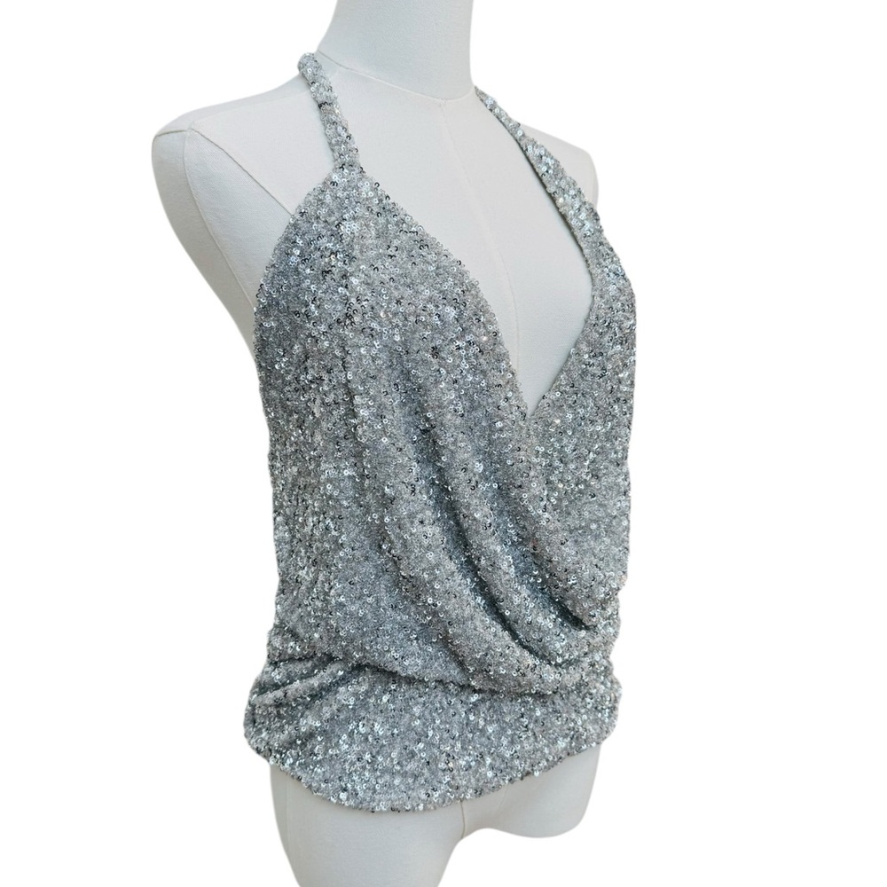 NWT Zara Silver Sequin Halter Draped Tank Top Size M Party Holiday